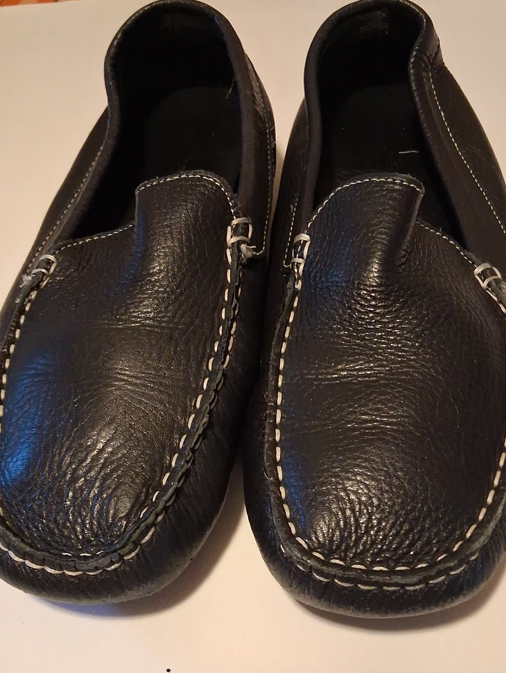 Eddie Bauer Black Leather Slip-On Moccasins with White Stitching